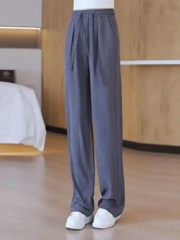 Ice Silk Slim Wide Leg Pants Women's Summer Drapey High Waist Straight Casual Lazy Floor Length Pants Cool Pants