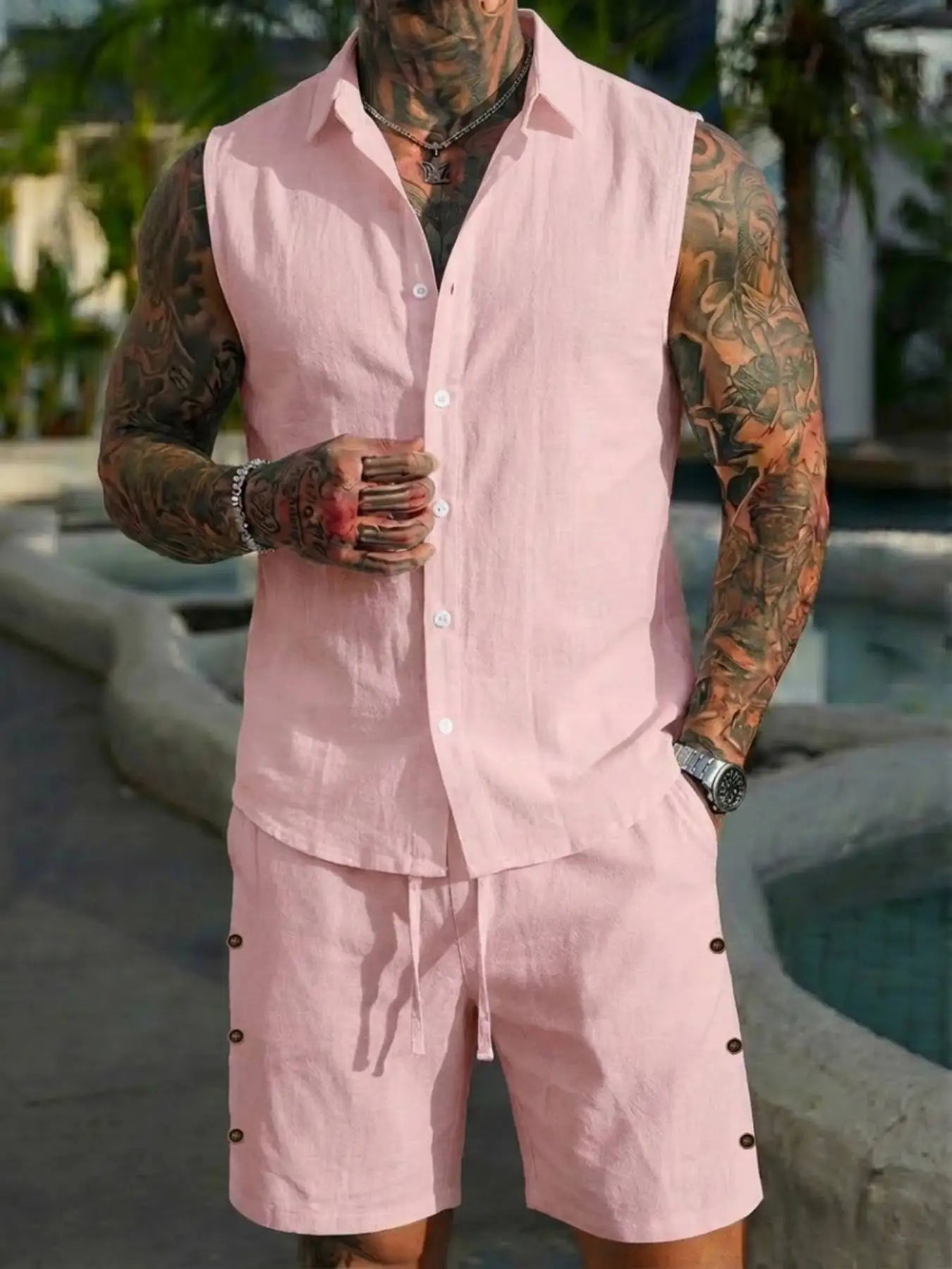 New Men's Sexy and Fashionable European and American Men's Cotton and Linen Style Casual Cardigan Vest Set Combination