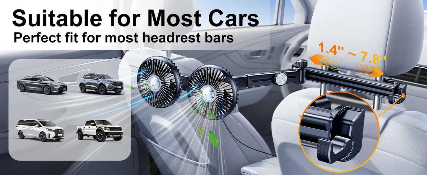 Hipacool Extension Arm Dual-Head Fan for Car Headrest 360° Rotation Air Cooling Fan Angle Adjustable 3-Speed Wind Brushless Fan