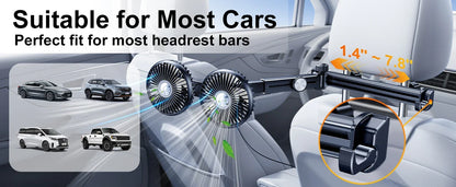 Hipacool Extension Arm Dual-Head Fan for Car Headrest 360° Rotation Air Cooling Fan Angle Adjustable 3-Speed Wind Brushless Fan