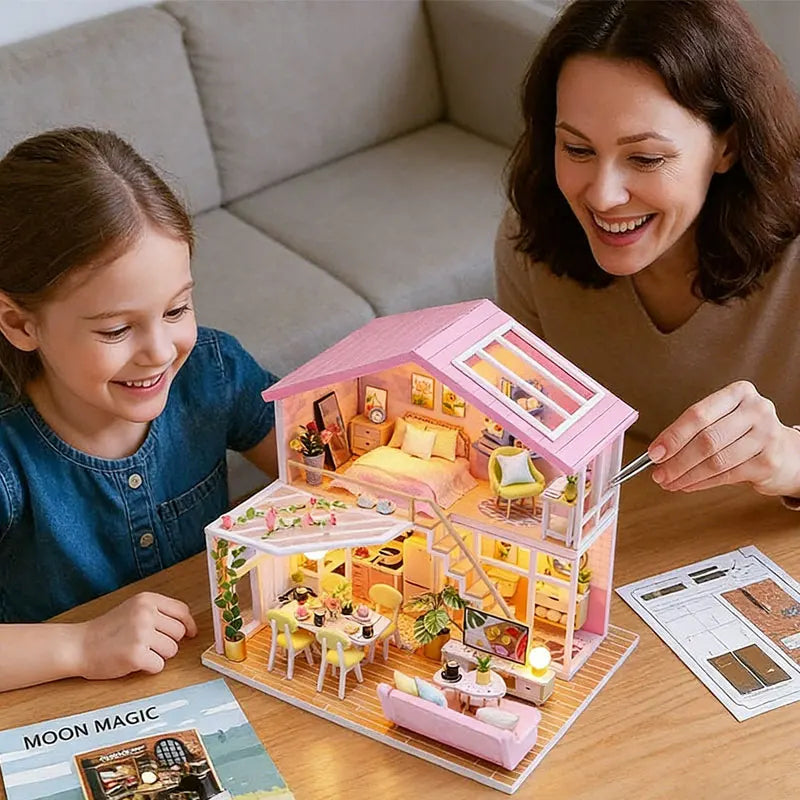 Zuuton Sweet Pink Villa DIY Miniature Doll House Kit with LED Light 3D Wooden Puzzle Building Kit with Furniture Gift Dollhouse