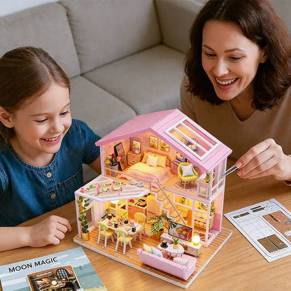Zuuton Sweet Pink Villa DIY Miniature Doll House Kit with LED Light 3D Wooden Puzzle Building Kit with Furniture Gift Dollhouse