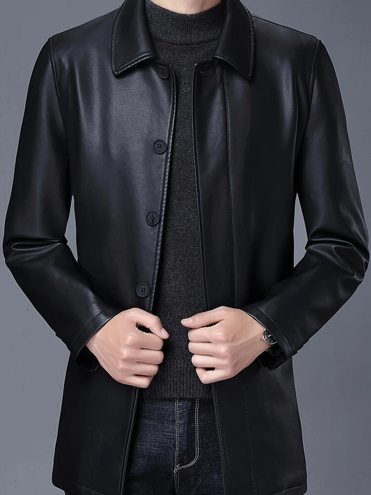 Classic Mid-Length Lapel Trench Coat with Fleece Lining for Warmth, Leather and Fur Integrated Men's Pu Coat, Luxurious Business