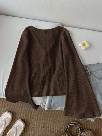 Ladies' Spring and Autumn Winter Brown Texture V-neck Strap Loose Casual Long sleeved T-shirt Top