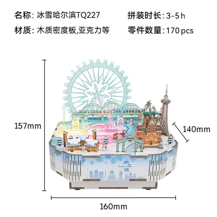 Tonecheer Lucky Mahjong City Music Box Wooden Puzzle Building Blocks Diorama Model Kit 3D Wooden Gift Toy Dollhouse Decoration