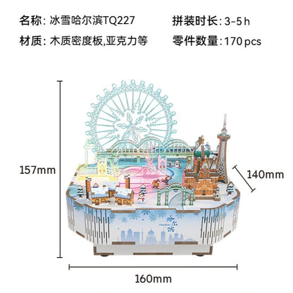 Tonecheer Lucky Mahjong City Music Box Wooden Puzzle Building Blocks Diorama Model Kit 3D Wooden Gift Toy Dollhouse Decoration