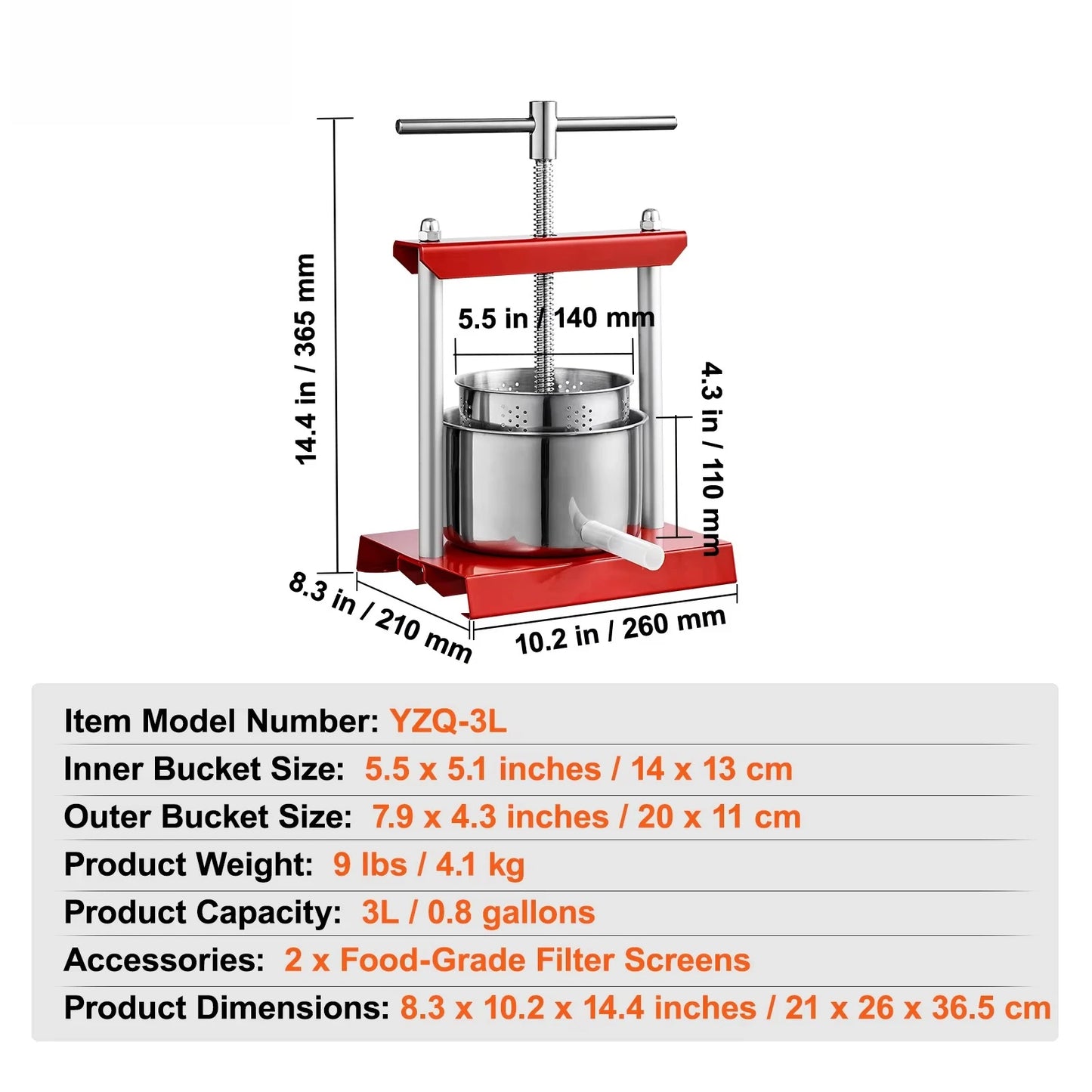 2L 3L 6L Manual Fruit Press Stainless Steel Household Manual Squeezer Cider Vegetables Juice Extractor for Home Kitchen