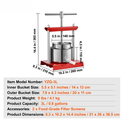 2L 3L 6L Manual Fruit Press Stainless Steel Household Manual Squeezer Cider Vegetables Juice Extractor for Home Kitchen