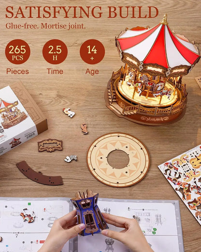 Robotime 3D Wooden Puzzle Carousel Music Box With LED Lights Gear Model Building Construction Craft Kits Xmas Gifts for Adult