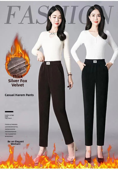 Autumn Winter Thickened Fleece Harlan Pants Women's Loose Casual Straight Leg Pants with Pockets Polyester Fiber Long Trousers