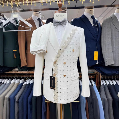 Formal Double-Breasted Men's Suit Set 2PCS For Wedding Classic Crystal Groom Suit Party Suit Blazers Pants Exquisite Men's Suit