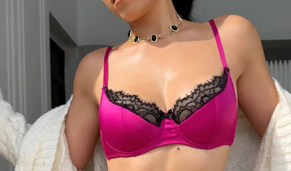 YUQI  Victoria style French Red Lace Wedding Bra Set - Sexy Thin Adjustable Bralette for Small Bust Cinched Breasts Zodiac Year