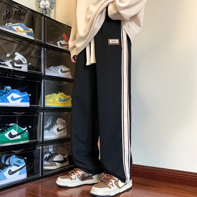 Autumn Winter Hip-hop Striped Trousers Men Sports Pants Korean Wide Leg Joggers Men's Sweatpants Jogger Big Tall Man Long Pants