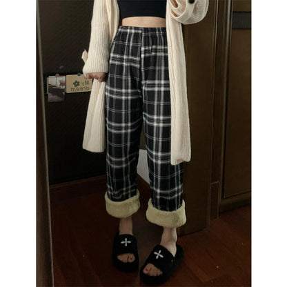 Lamb Velvet Fleece Lined Thick Plaid Casual Pants Women's Autumn Winter Loose Straight Leg Wide Leg Cotton Sleepwear Trousers