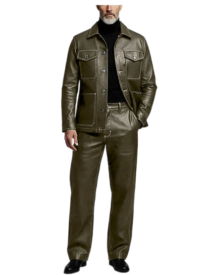 Men's 2 Piece PU Leather Suit Set Multi Pocket Shirt Collar Trucker Jacket Straight Leg Pants Business Casual Streetwear Outfits