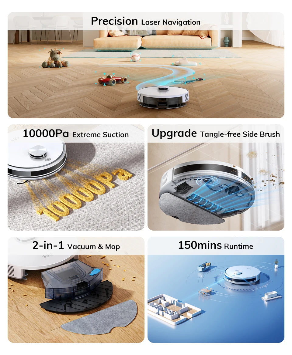 ILIFE V30 Robot Vacuum Cleaner, Laser Navigation, 10000Pa Suction, Up to 150min Runtime, APP Control, Customizable cleaning
