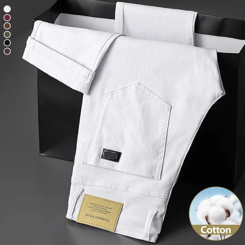 White Cotton Jeans Men's Elastic Soft Comfortable Business Casual Trousers Fashion Korean Fit Straight Spring Autumn Denim Pants