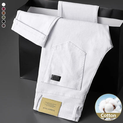 White Cotton Jeans Men's Elastic Soft Comfortable Business Casual Trousers Fashion Korean Fit Straight Spring Autumn Denim Pants
