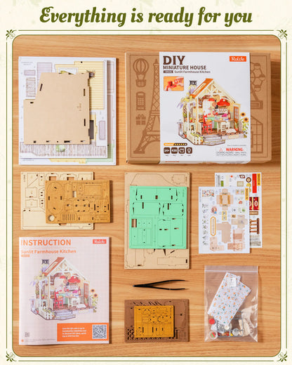 Rolife DIY Miniature House Kit 438-piece Sunlit Farmhouse Kitchen Wooden Dollhouse 3D Puzzle Tiny House Model Building Kit with LED Light Home Decor Gift for Adults Kids