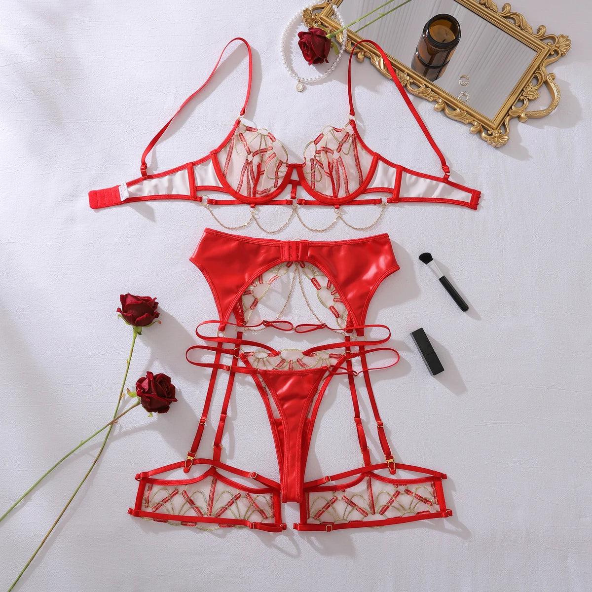 Ladies Sexy Luxury Gothic Costume Carnival Set Exotic Fashion Hollow Out Lace Transparent Erotic Lingerie Panties 4 Piece Set