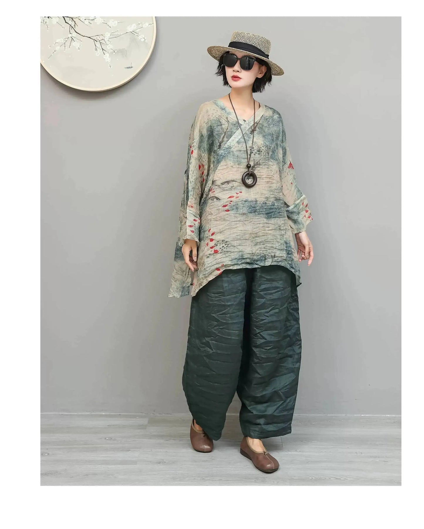 Artistic Ramie Suit Women Summer Printed Lightweight V-neck Mid-length Top + Loose Pants Two-piece Set XY307