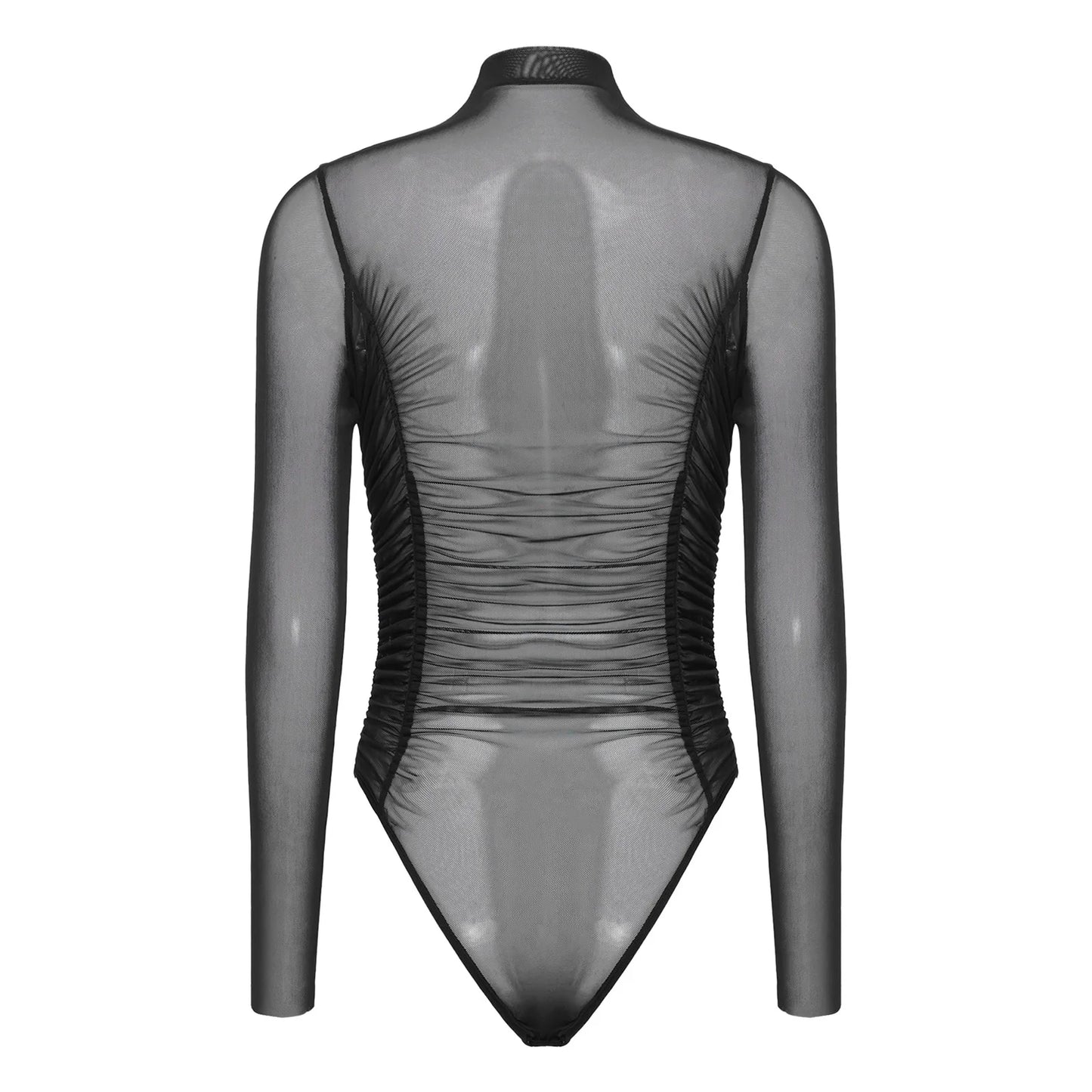 Womens Nightclub Beach Bodysuit Sheer Mesh Side Ruched High Collar Long Sleeve Button Crotch Leotard See Through Cover Up Outfit