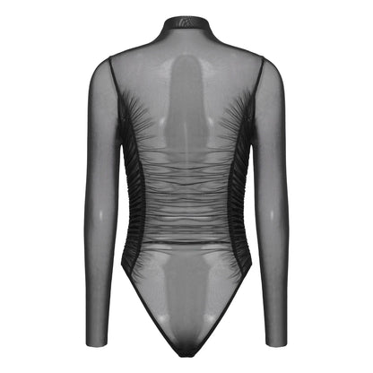 Womens Nightclub Beach Bodysuit Sheer Mesh Side Ruched High Collar Long Sleeve Button Crotch Leotard See Through Cover Up Outfit