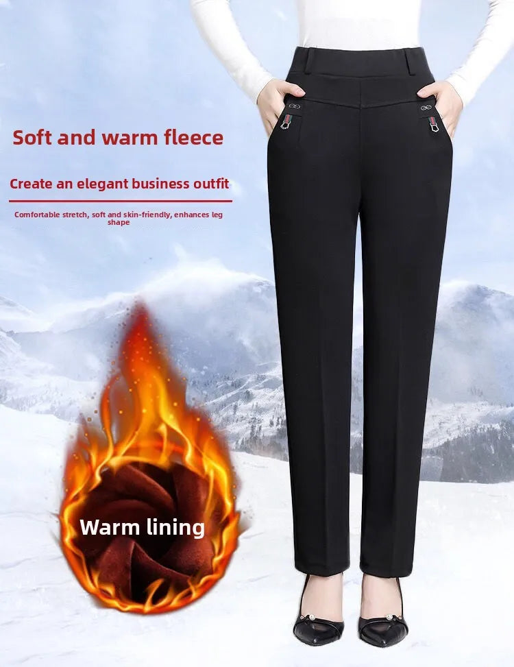 High Waist Fleece Lined Slimming Pants for Middle-Aged And Elderly Women Casual Long Pants Straight Leg Elastic Ankle Pants