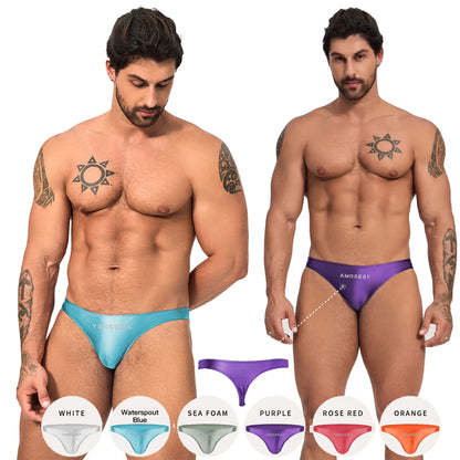 AMORESY Oceanus Men Glossy Stretch Low Rise T-shaped Briefs Gym Fitness Sport Comfort Breathable Thong Underpants Swimming Trunk