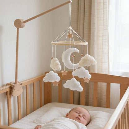 Wooden Crib Mobile Baby Bed Bell Rattle Toy Soft Cartoon Cloud Mobile Bracket Newborns Bed Bell Hanging Toy Nursery Decor