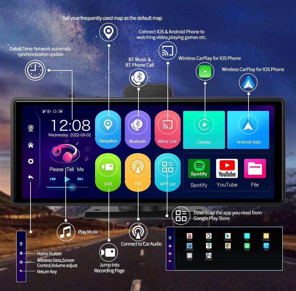 10.26 Inch Car GPS Navigation CarPlay Android Anto Z80 DVR Camera 4G+64G ROM ADAS 5G WiFi BT FM Dash Camera Video Recorder