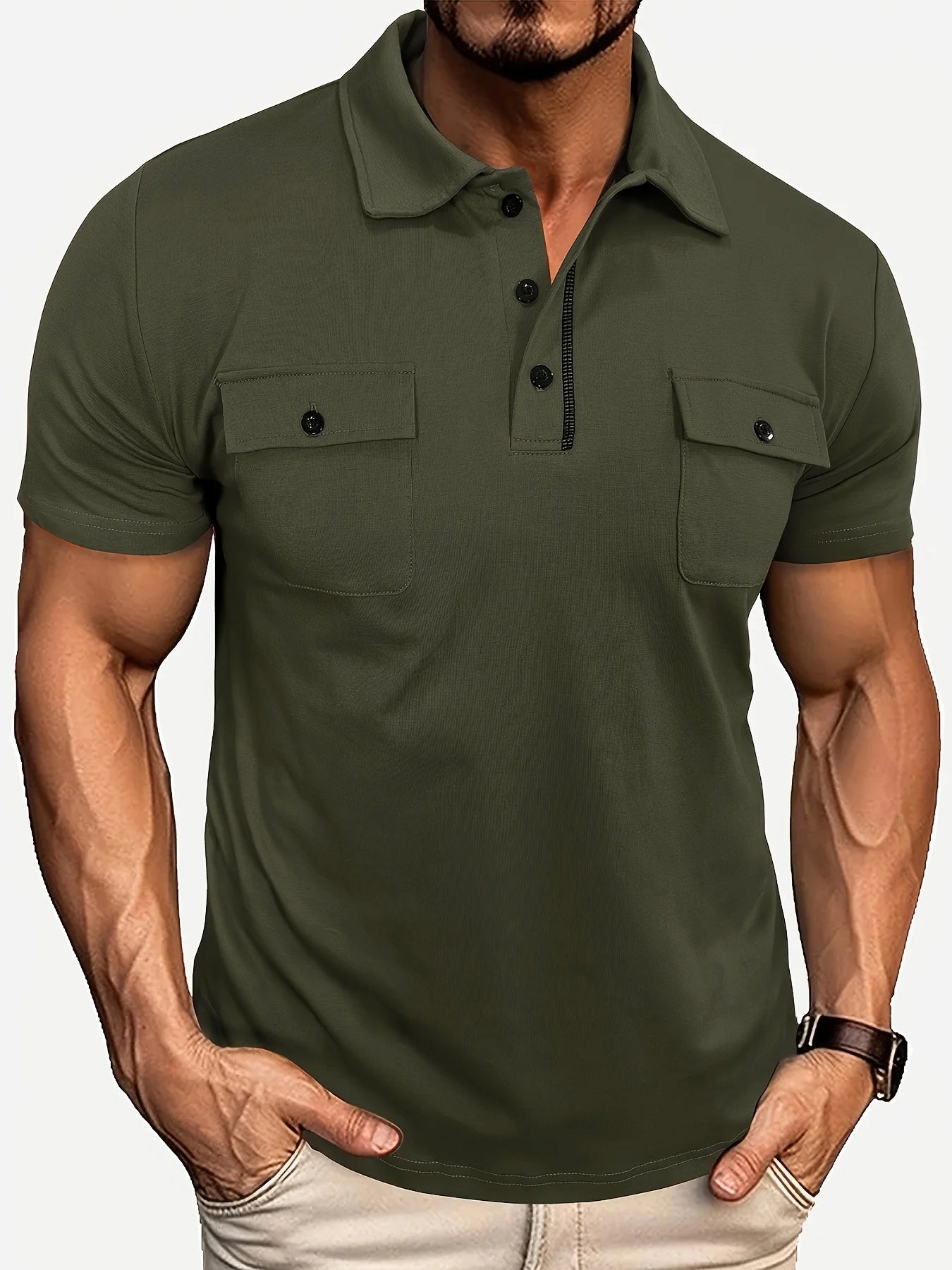 Summer Men's Short-Sleeve Polo Shirt Casual Solid Color Turn-Down Collar T-Shirt Pullover Top Henley Shirt with Pockets