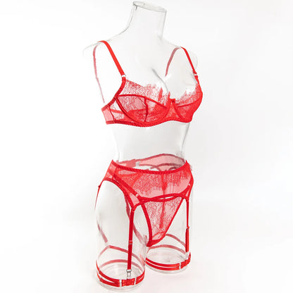 Ellolace Fancy Lingeries Sexy Hot Elegant Bra 3PC Set with Leg Circles Sissy Solid Color Intimate Eyelash Lace Patchwork Costume
