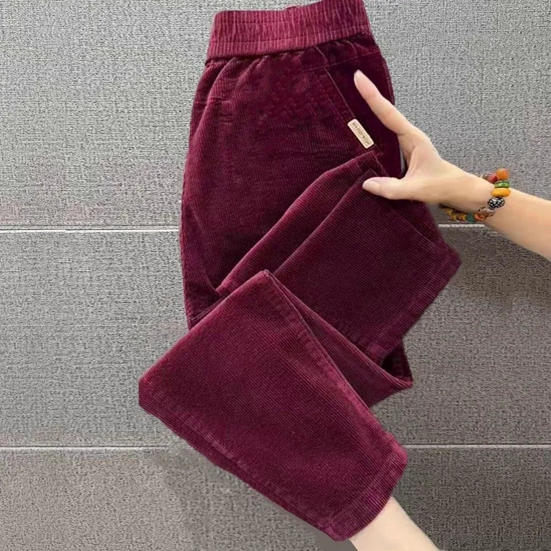 Autumn Winter Thickened Corduroy Casual Harlan Pants for Mom High Waist Loose Fit Straight Leg Casual Outerwear Polyester Fiber