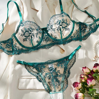 Red Ensemble Lingerie Broderie Florale Transparent Armature Push Up Coupe Ultra Fine Soutien-Gorge String Style Pure Désir Femme