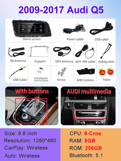 STWEI Qualcomm Snapdragon 680 6225 2.4GHz Wireless CarPlay Android13 Auto For AUDI Q5 Car Multiledia Players Video GPS Bluetooth