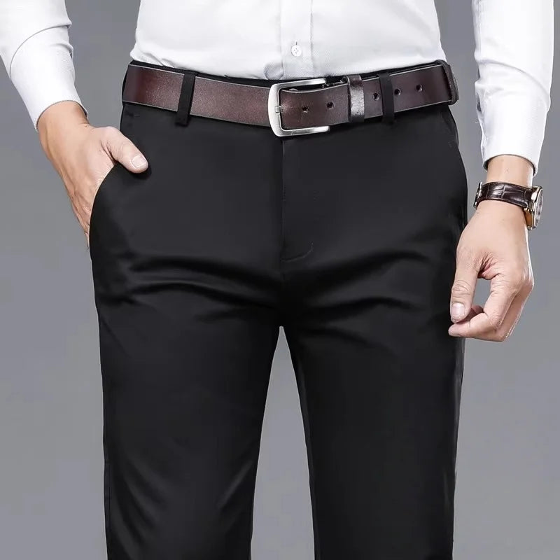Spring Summer Casual Pants Khaki Black Straight Regular Fit High Waist Mens Pants Stretch Trousers for Male Size 40 42