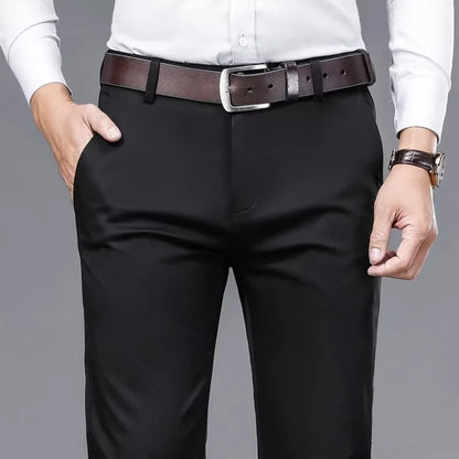 Spring Summer Casual Pants Khaki Black Straight Regular Fit High Waist Mens Pants Stretch Trousers for Male Size 40 42