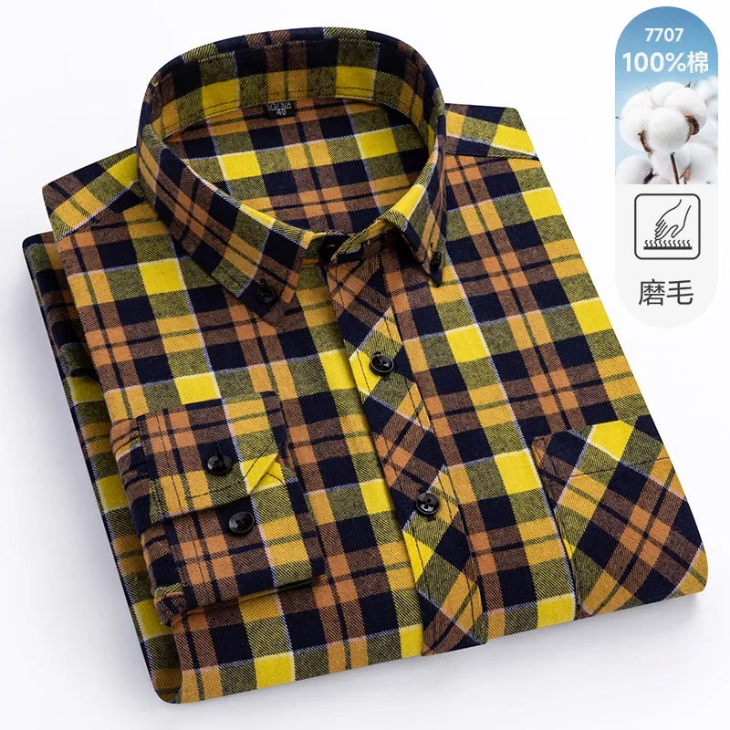 New Flannel Plaid Long Sleeve Men Casual Shirts Autumn Winter Fashion Plus Size Regular Fit Smart Dress Shirts Daily Clothes Top