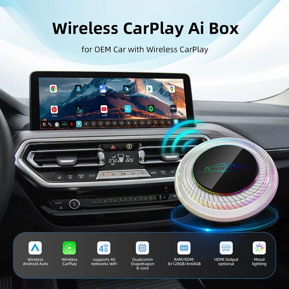 8GB+128GB Android 13 CarPlay Ai Box Ambient Light LED Dual WiFi HDMI 4G SIM Card 8-Cores Smart Car Multimedia Box USB Adapter