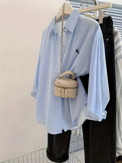 women s long-sleeve blouse ， Women's Striped Knight Print Front Button-Up Casual Long Sleeve Shirt