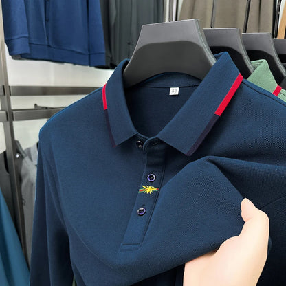 High End Brand Men's Embroidered Long Sleeve 100% Cotton Polo Shirt Business Casual Lapel Fashion Solid Color T-shirt Men's Wear