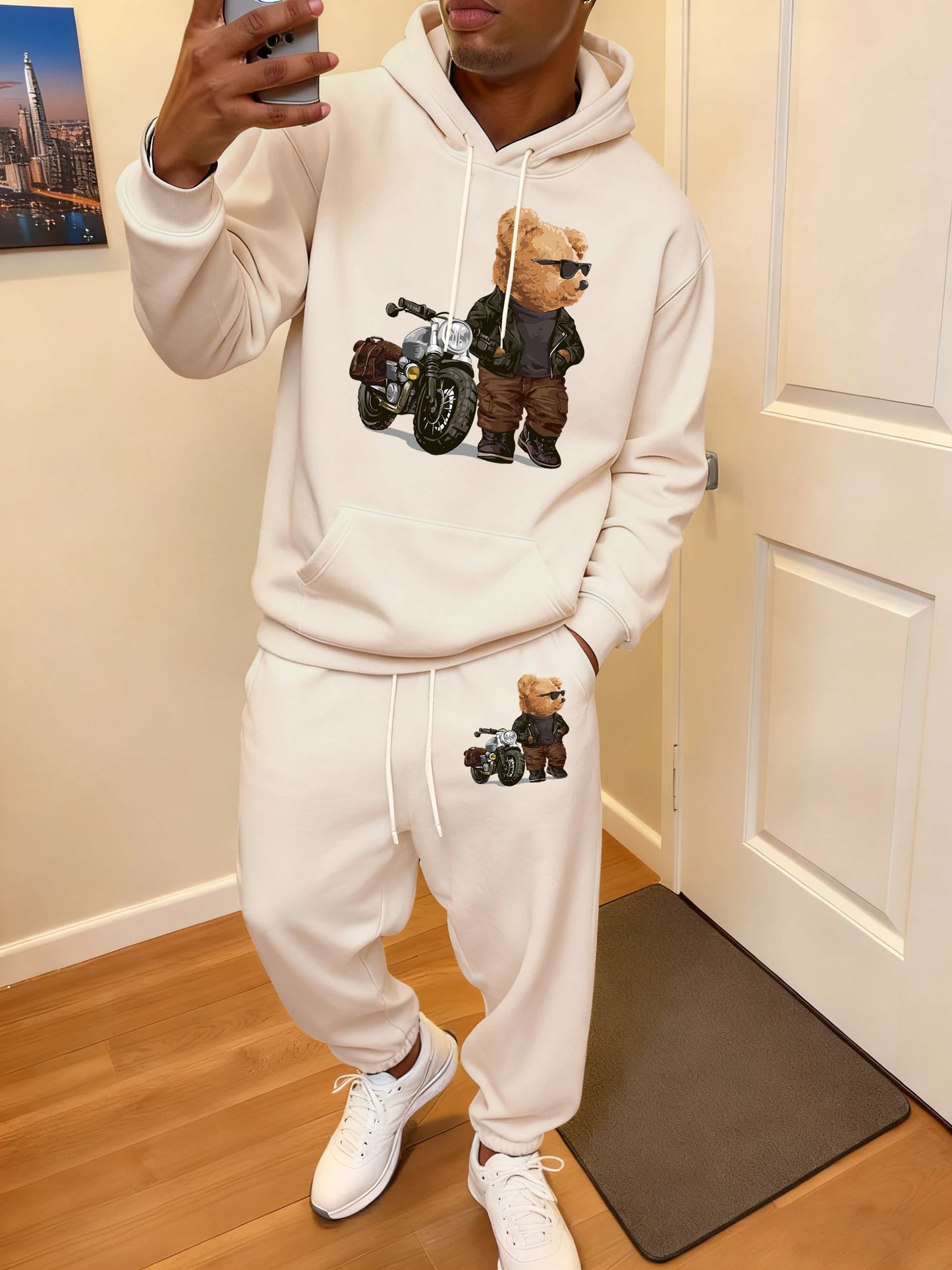 Ride Motorcycle Jacket Cool Bear Print Men Hoody Suit Fashion Autumn Sweatshirts All-Match Casual Sweatpant Comfy Jogging Pants