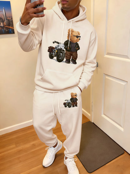 Ride Motorcycle Jacket Cool Bear Print Men Hoody Suit Fashion Autumn Sweatshirts All-Match Casual Sweatpant Comfy Jogging Pants