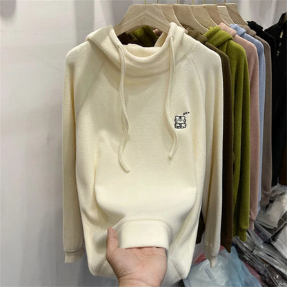 Women's Loose Fit Hoodie Korean Sle Embroidered Dstring Fce Lined Sweatirt Autumn Winter New Arrival