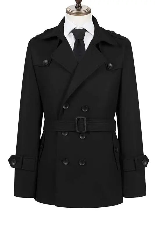 Gray Autumn Winter Men's Woolen Coat Jacket Mid-Length Double-Breasted with Belt British Style Large Size Windbreaker