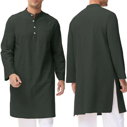 Mens Cotton Ethnic Long Sleeve Robe Side Slit Button Up Henley Shirt Traditional Outfit