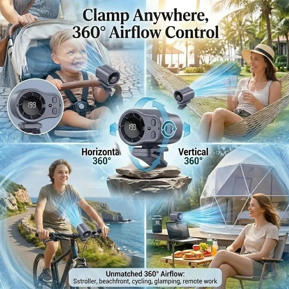 Universal Cooling Car Fan USB Rechargeable Clip on Portable Desk Fans with LED Display 360 Rotation Quiet for Car Camping