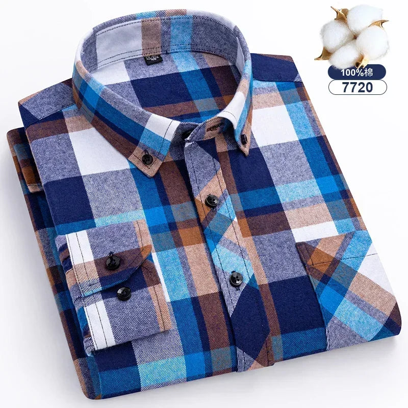 Autumn Winter Plaid Shirts Thick Flannel Shirt Standard-Fit for Men Long Sleeve Pure Cotton  Patch Pocket Design Young