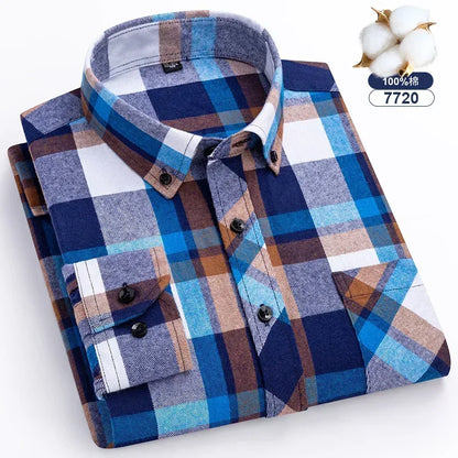 Autumn Winter Plaid Shirts Thick Flannel Shirt Standard-Fit for Men Long Sleeve Pure Cotton  Patch Pocket Design Young